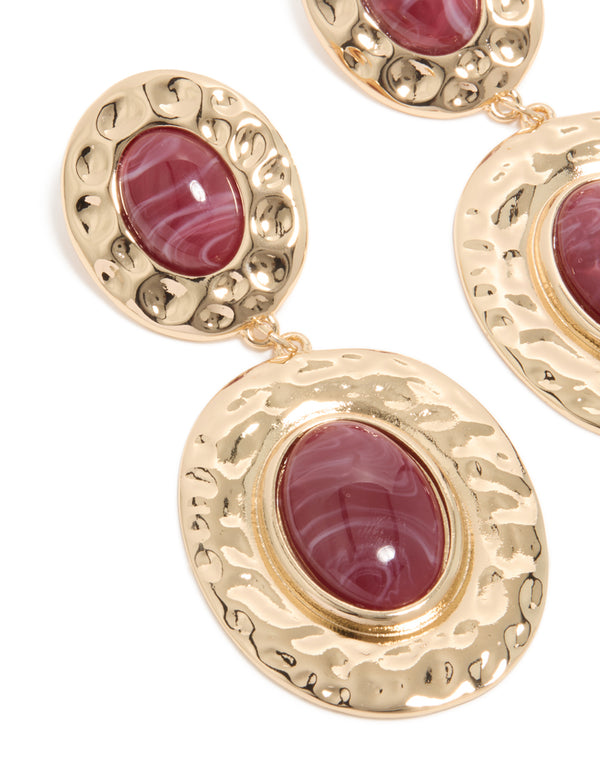 Gold & Red Stone Hammered Textured Double Drop Earrings