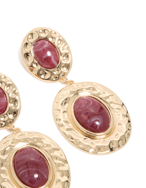 Gold & Red Stone Hammered Textured Double Drop Earrings