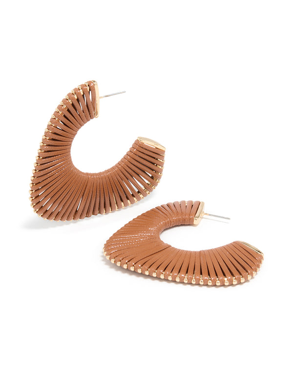 These gold modern brown wrapped hoop earrings feature textured detailing front view