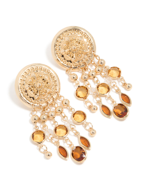 Gold Brown Diamante Festival Dangle Drop Earrings