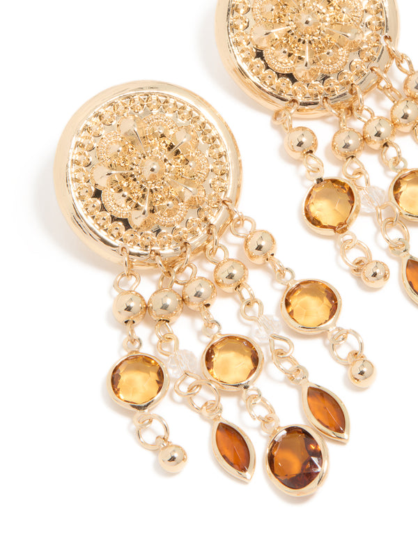Featuring floral pattern, balls, charms elements, these gold brown diamante statement festival dangle drop earrings close up view