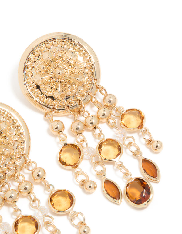 Gold Brown Diamante Festival Dangle Drop Earrings