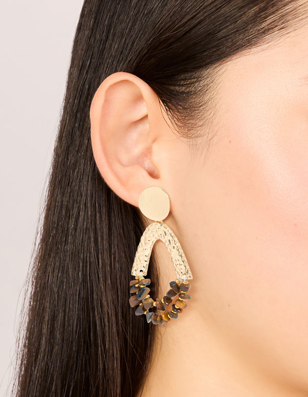 Gold Tigers Eye Semi Precious Stone Chip & Molten Drop Earrings