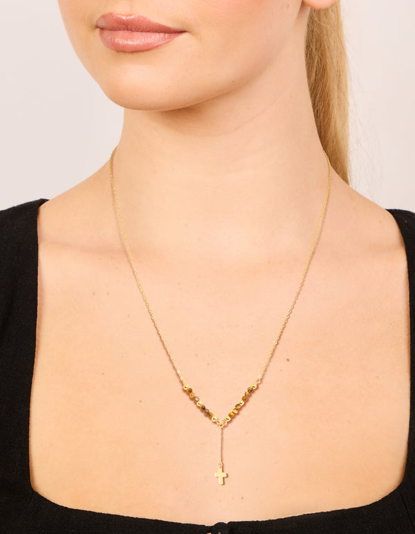Gold Plated Sterling Silver Tigers Eye Semi Precious Stone Cross Y-Necklace