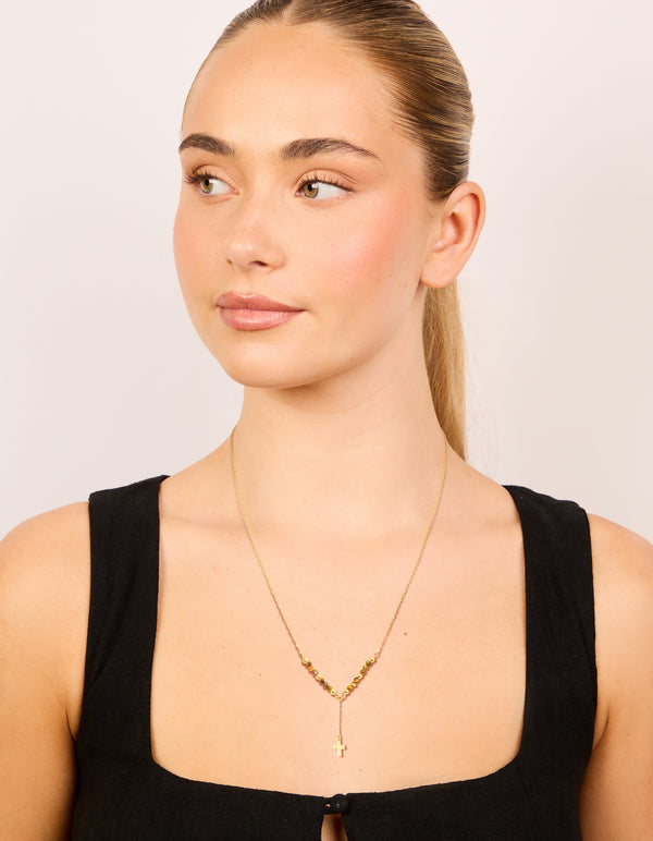 Gold Plated Sterling Silver Tigers Eye Semi Precious Stone Cross Y-Necklace