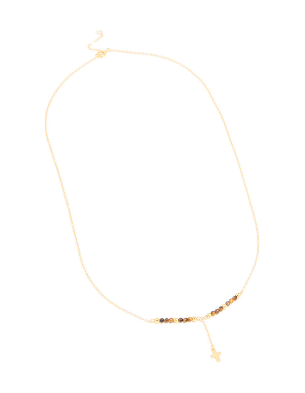 Gold Plated Sterling Silver Tigers Eye Semi Precious Stone Cross Y-Necklace