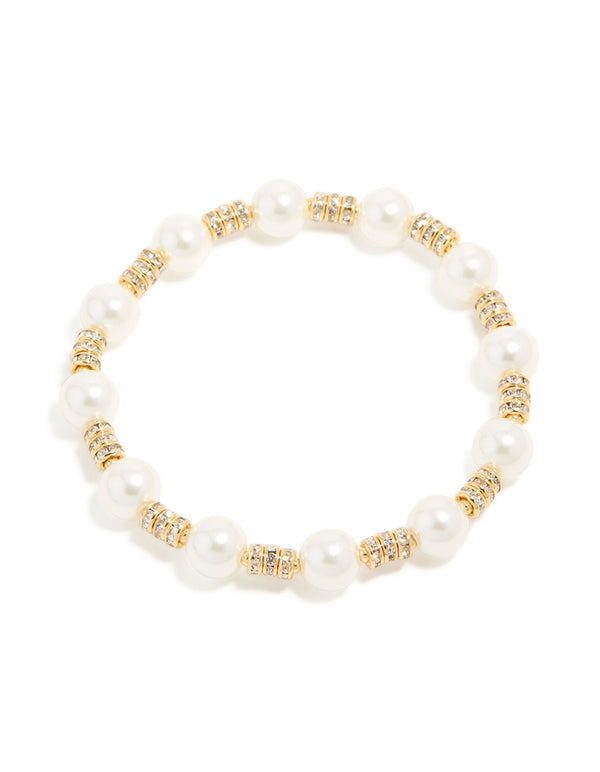 Gold Plated Round Diamante & Pearl Stretch Bracelet