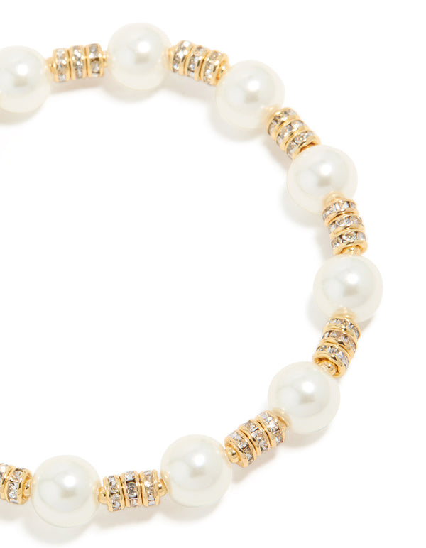 Gold Plated Round Diamante & Pearl Stretch Bracelet