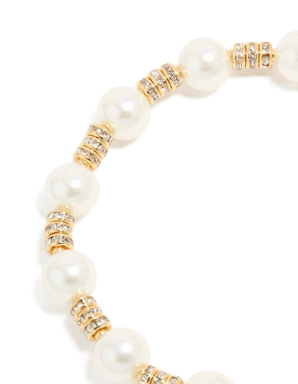 Gold Plated Round Diamante & Pearl Stretch Bracelet