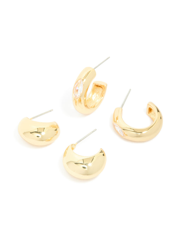 Gold Plated Diamante Chunky & Bezel Open Hoop Earrings 2 Pack