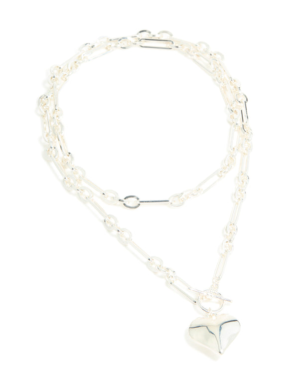 Silver Plated Heart Pendant & Chain Layered Necklace