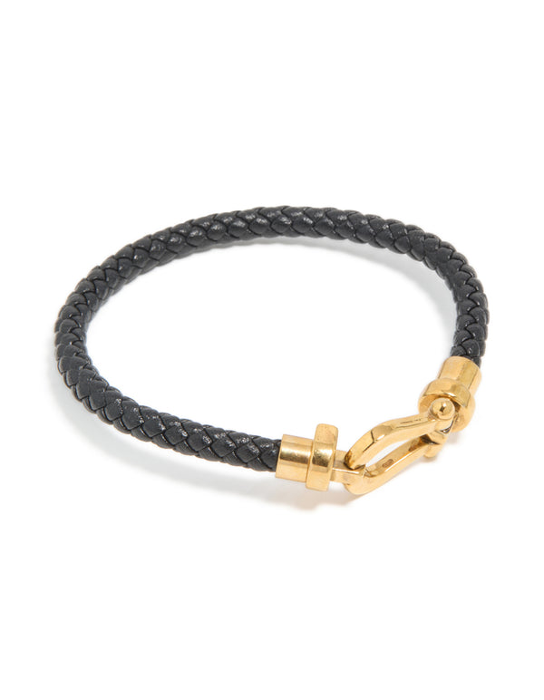 Waterproof gold plated stainless steel black PU leather braided chunky link bracelet view