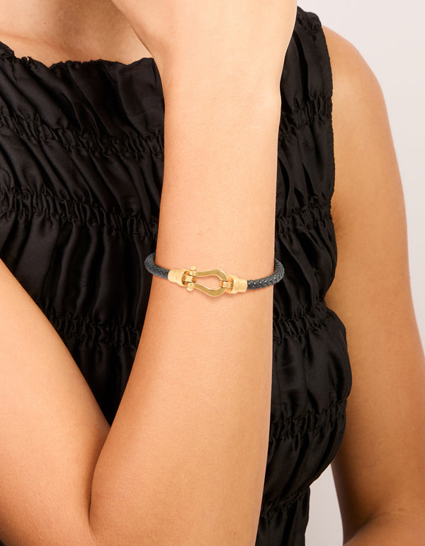 Waterproof gold plated stainless steel black PU leather braided chunky link bracelet view