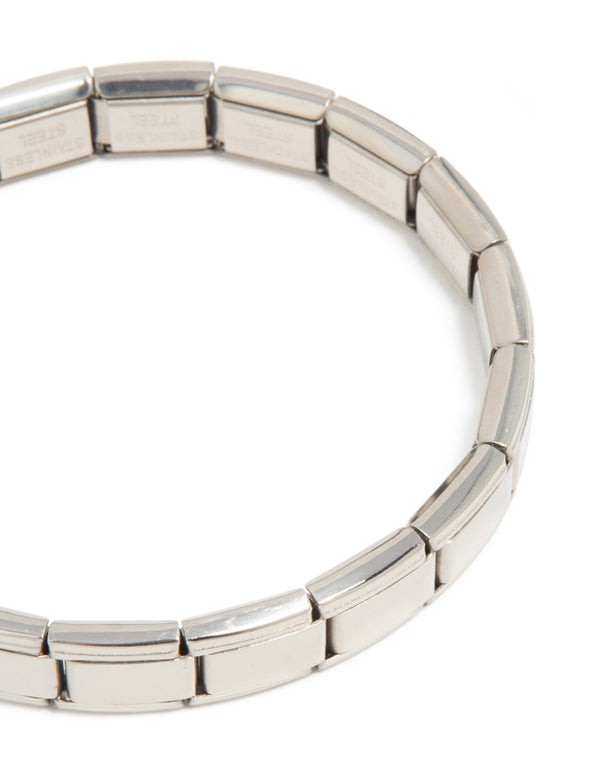 Designed with waterproof stainless steel stretch watch link bracelet in silver close up view