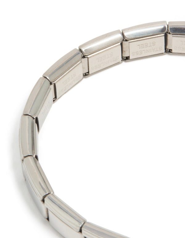 Designed with waterproof stainless steel stretch watch link bracelet in silver close up view