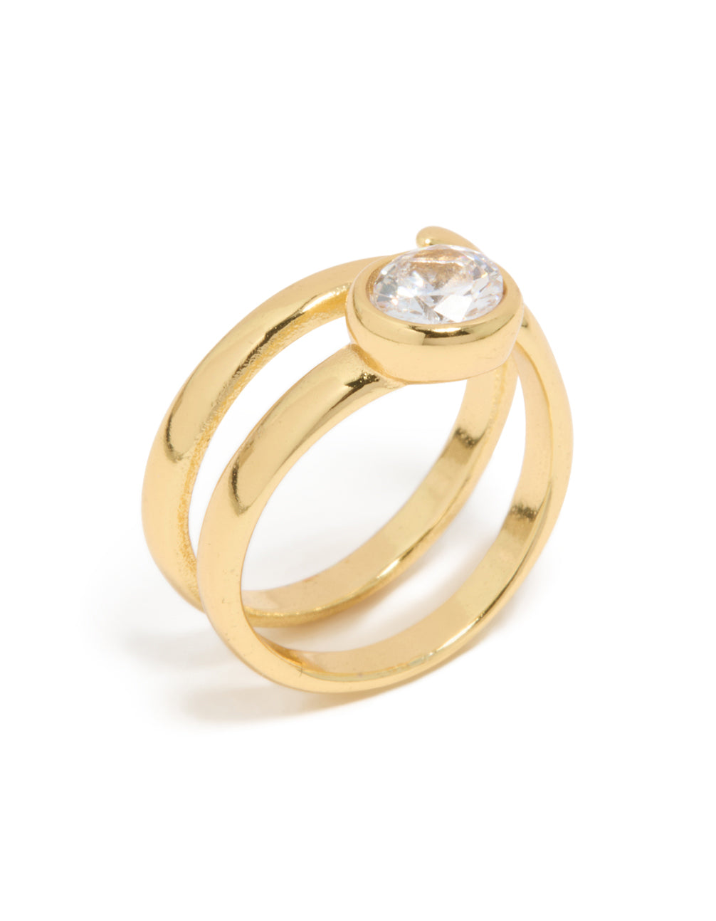 A waterproof gold plated stainless steel diamante swirl ring in clear tone side detail view