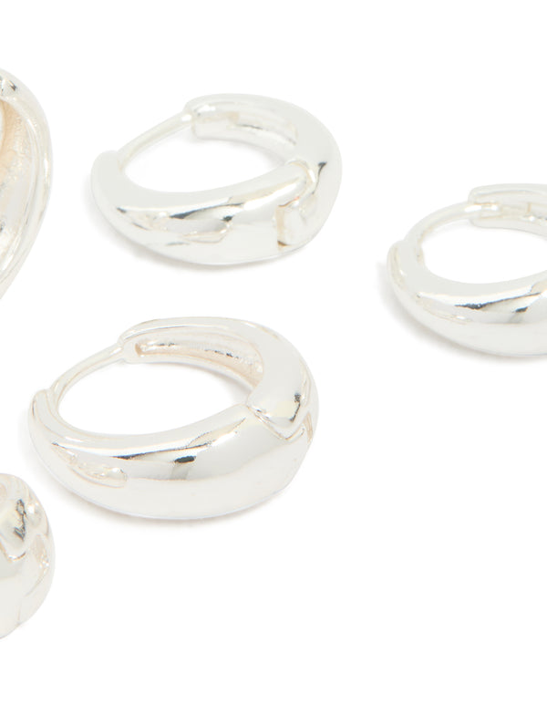 Silver Plated Classic Chunky Multi Sized Huggie Earrings 3-Pack