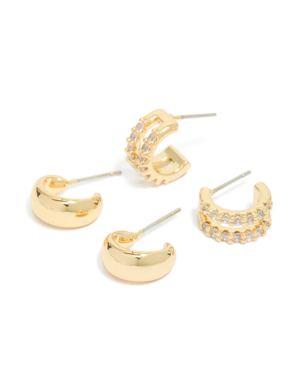 Gold Plated Brass Smooth & Cubic Zirconia Double Hoop Earrings 2-Pack