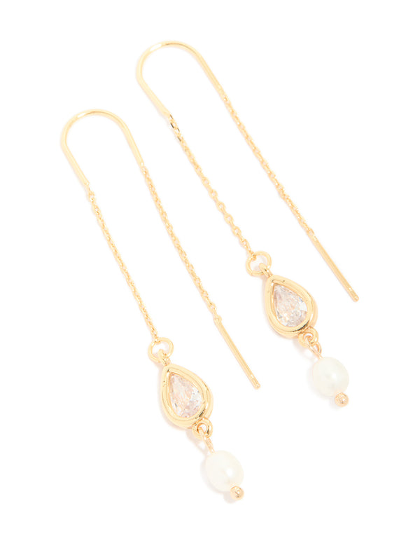 Elegant gold plated freshwater pearl and cubic zirconia threader drop earrings front view