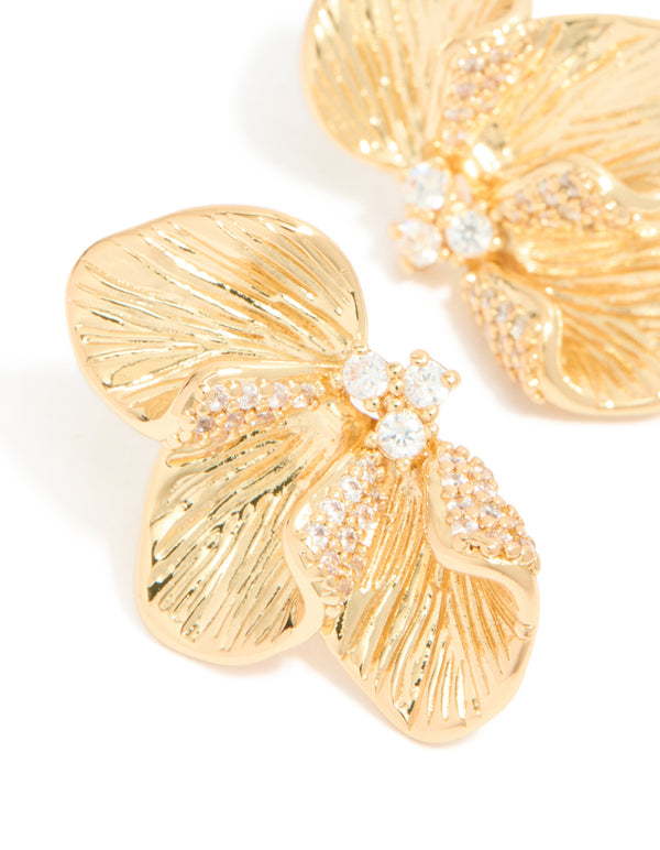 Gold Plated Cubic Zirconia Half Flower Stud Earrings