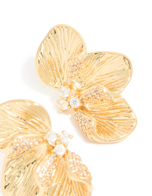 Gold Plated Cubic Zirconia Half Flower Stud Earrings