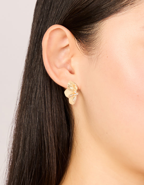 Gold Plated Cubic Zirconia Half Flower Stud Earrings