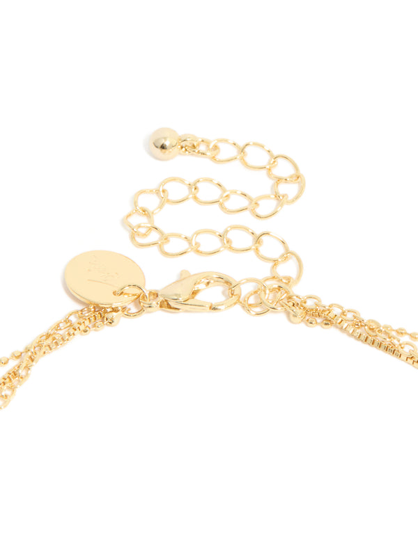 Intricately detailed cubic zirconia droplet and cross layered Y-necklace with charm in gold plated statement design clasp detail view