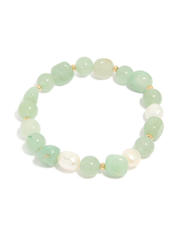 Gold Plated Jade Semi Precious & Freshwater Pearl Stretch Bracelet