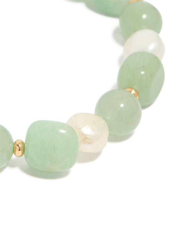Gold Plated Jade Semi Precious & Freshwater Pearl Stretch Bracelet