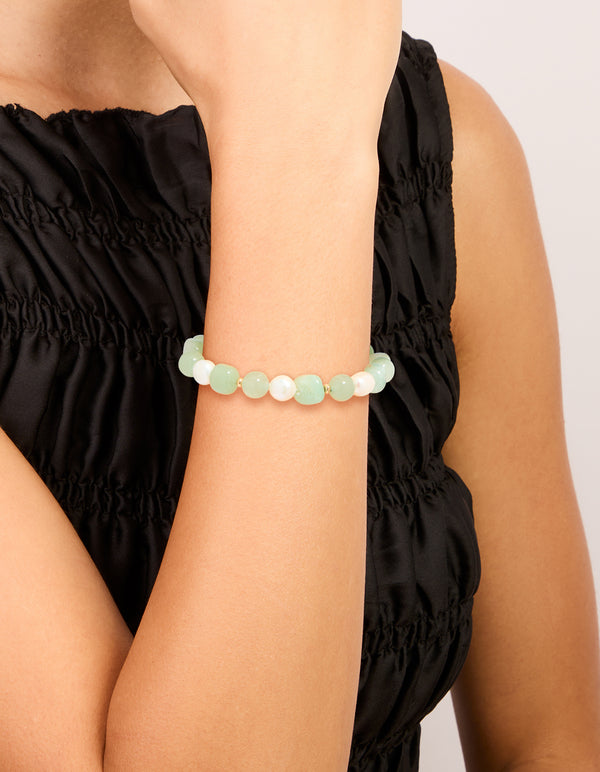 Gold Plated Jade Semi Precious & Freshwater Pearl Stretch Bracelet