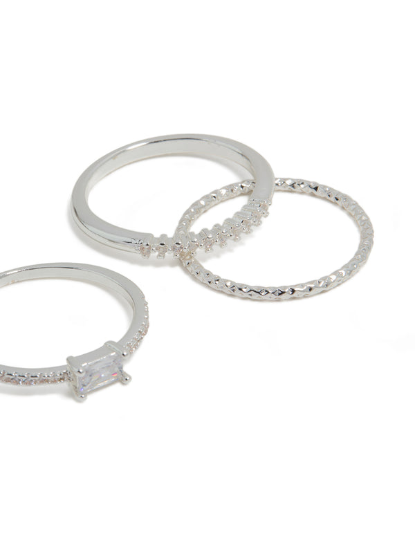 Silver Plated Cubic Zirconia Square Bezel Rings 4-Pack
