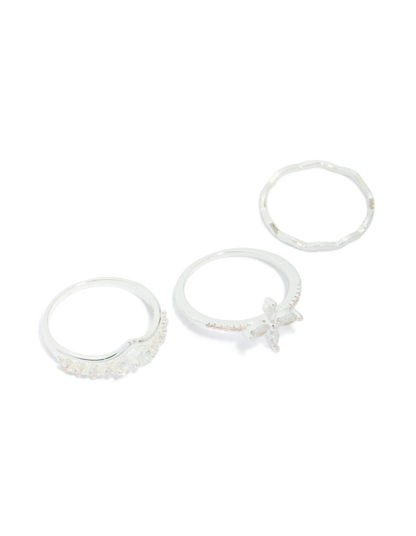 Silver Plated Cubic Zirconia Band & Flower Rings 3-Pack