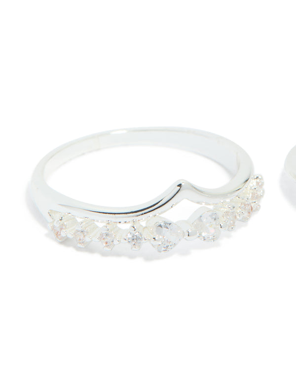 Silver Plated Cubic Zirconia Band & Flower Rings 3-Pack