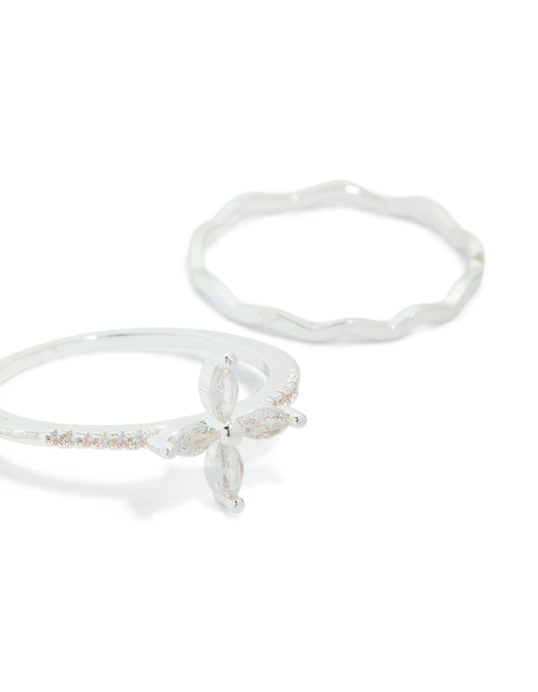 Silver Plated Cubic Zirconia Band & Flower Rings 3-Pack