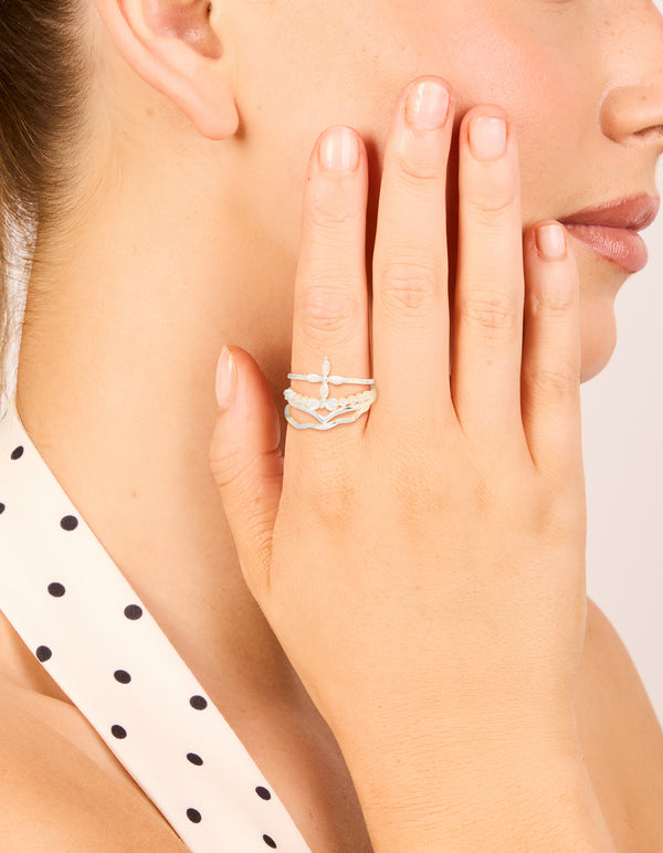 Silver Plated Cubic Zirconia Band & Flower Rings 3-Pack