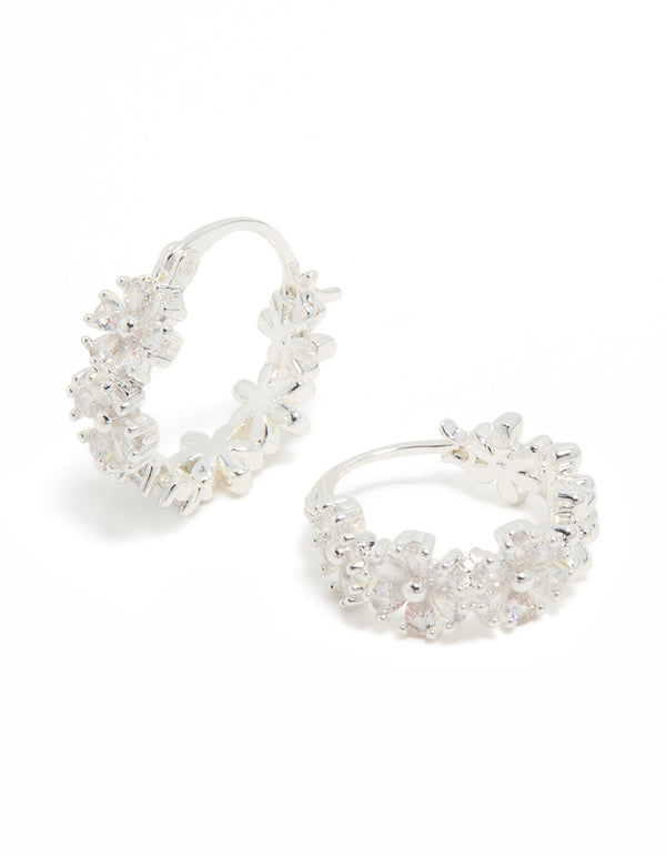 Silver Plated Cubic Zirconia Flower Huggie Earrings