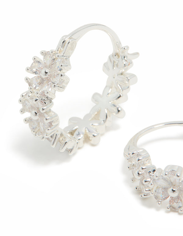 Silver Plated Cubic Zirconia Flower Huggie Earrings