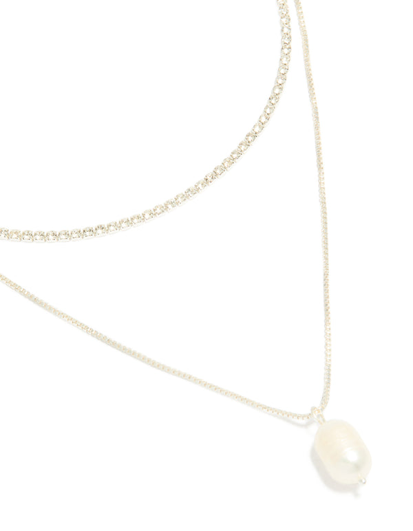Silver Plated Cubic Zirconia Pearl & Cup Chain Layered Drop Necklace