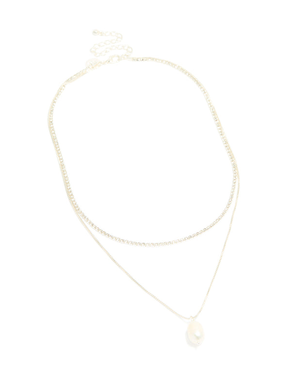 Silver Plated Cubic Zirconia Pearl & Cup Chain Layered Drop Necklace