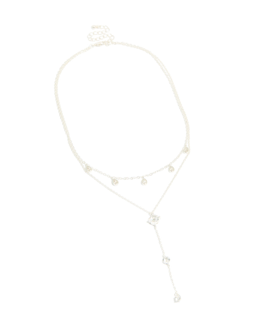 Silver Plated Cubic Zirconia Teardrop & Round Layered Y-Necklace