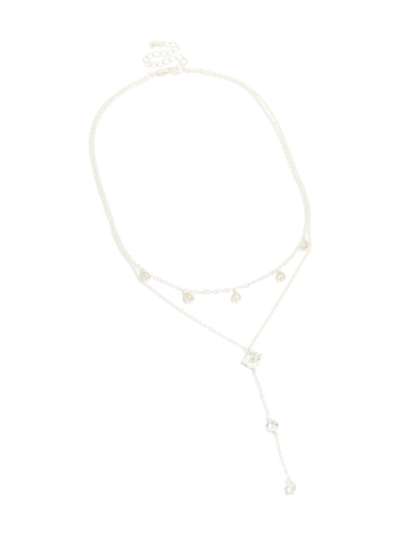 Silver Plated Cubic Zirconia Teardrop & Round Layered Y-Necklace