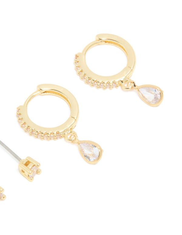 Gold Plated Brass Cubic Zirconia April Birthstone Earrings 2 Pack