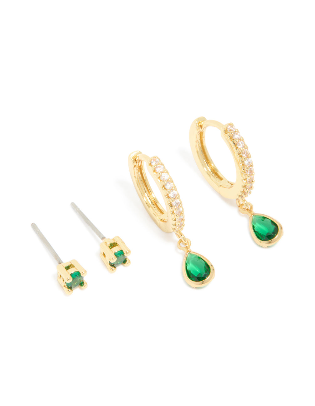 Gold Plated Brass Emerald Cubic Zirconia May Birthstone Earrings 2 Pack