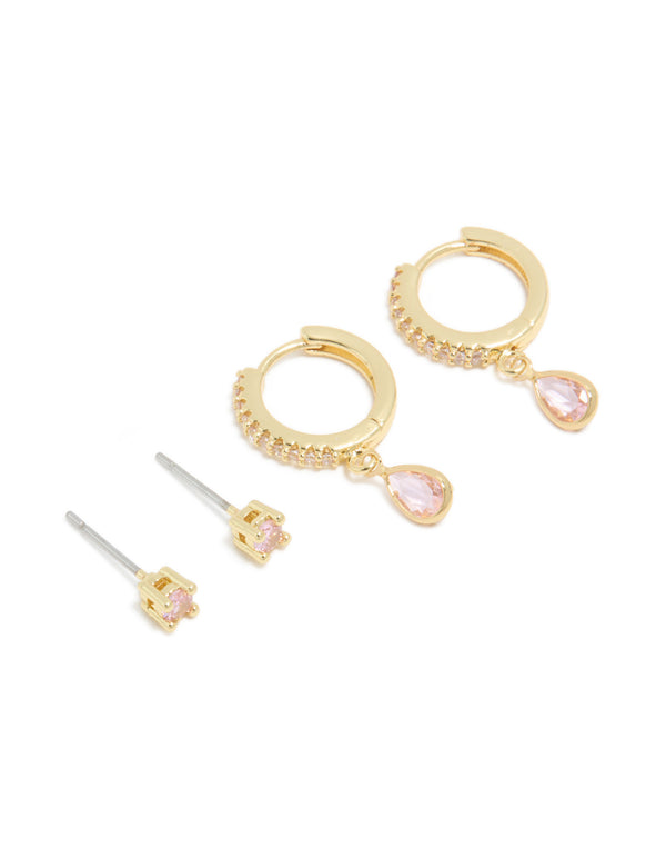 Gold Plated Brass Pink Tourmaline October Birthstone Earrings 2 Pack