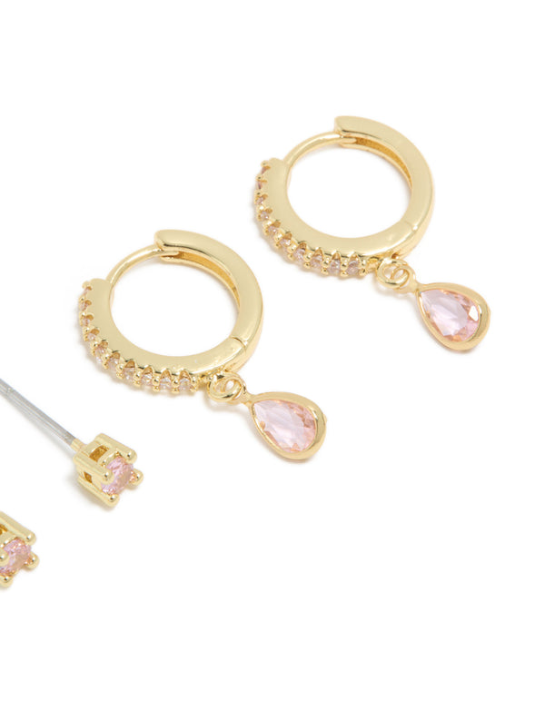 Gold Plated Brass Pink Tourmaline October Birthstone Earrings 2 Pack