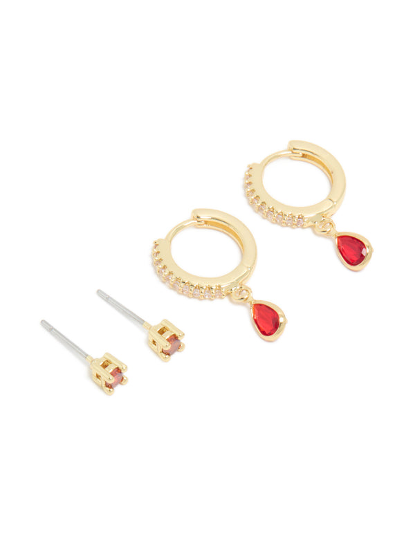 Gold Plated Brass Ruby Cubic Zirconia July Birthstone Earrings 2-Pack