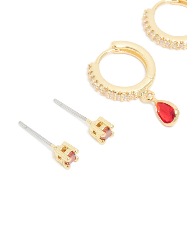 Gold Plated Brass Ruby Cubic Zirconia July Birthstone Earrings 2-Pack
