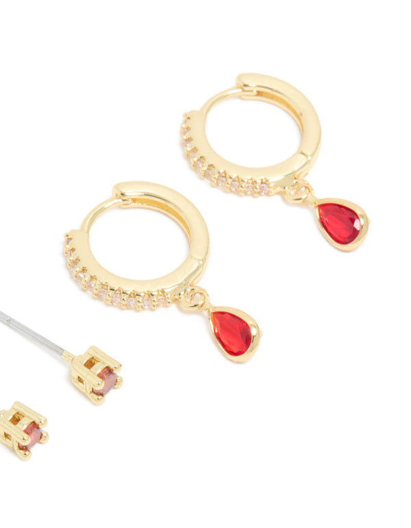 Gold Plated Brass Ruby Cubic Zirconia July Birthstone Earrings 2-Pack