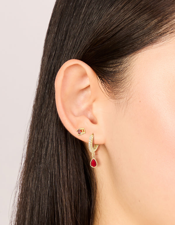 Gold Plated Brass Ruby Cubic Zirconia July Birthstone Earrings 2-Pack