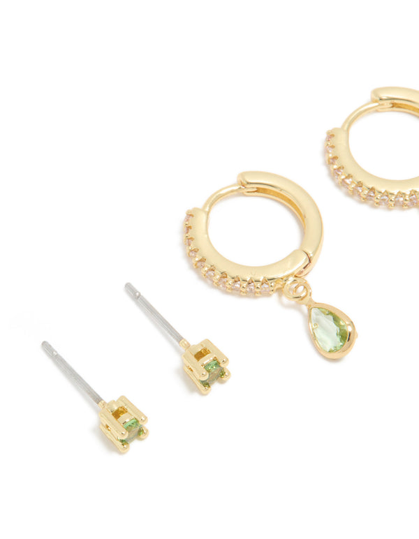 Gold Plated Brass Peridot Cubic Zirconia August Birthstone Earrings 2 Pack